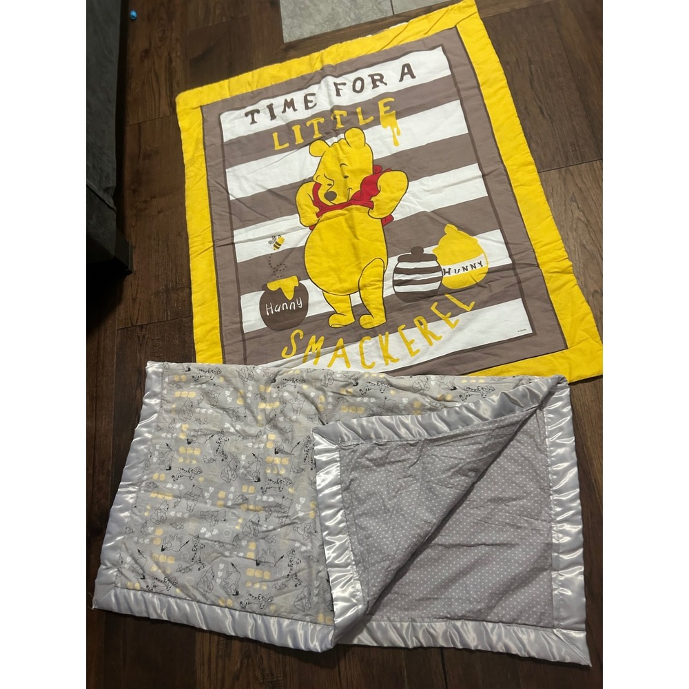 Disney Winnie the Pooh Baby Blanket Set Yellow Smackerel & Grey Satin Trim 2pc